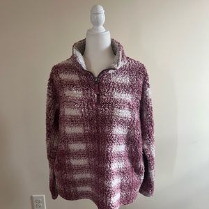 Crimson Plaid zipper sweater Small with pockets.  Warm, soft and cozy!